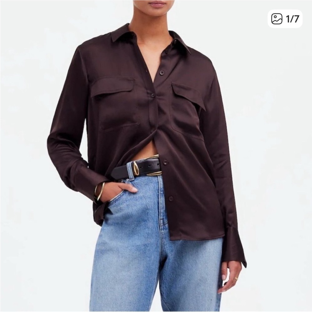 Madewell Washed Silk Charmuse Button Front Flap Pocket Shirt in Carob Brown